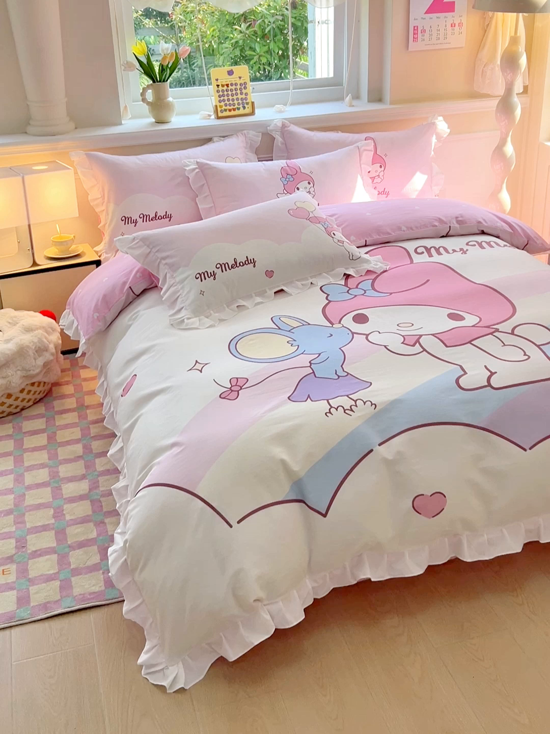 91家纺网 家纺一手货源 找家纺 玉元坊 2025新款三丽鸥全棉纯棉大版花边款床品三四件套第一批 （长期有货 不断货） 大版花边-粉兔亲亲