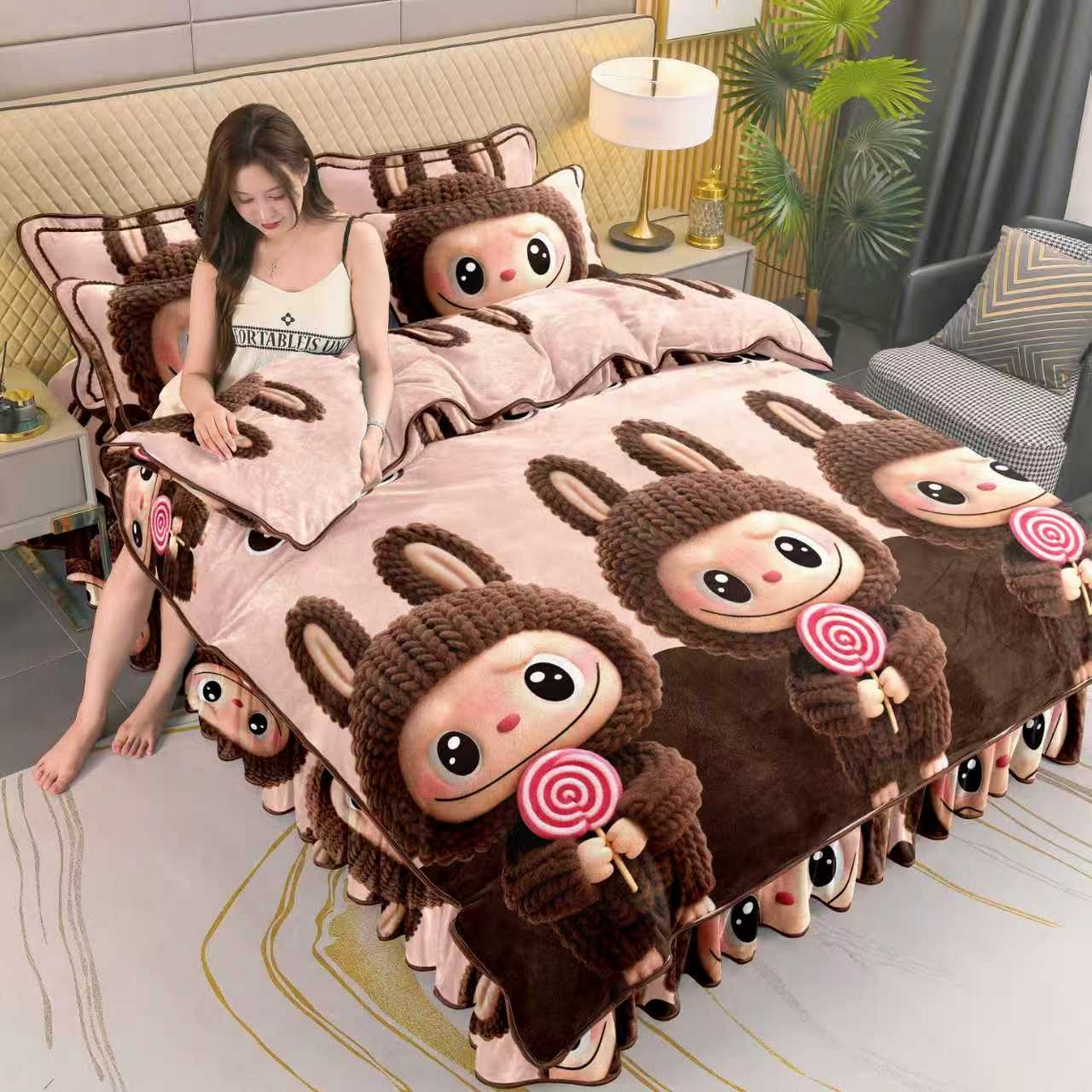 （总）静缘分 2025新款230克特厚8.5斤牛奶绒金貂绒床裙款保暖四件套