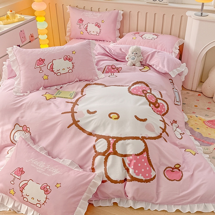 91家纺网 家纺一手货源 找家纺 玉元坊 2025新款三丽鸥全棉纯棉大版花边款床品三四件套第二批 （长期有货 不断货） 花边款-晚安凯蒂