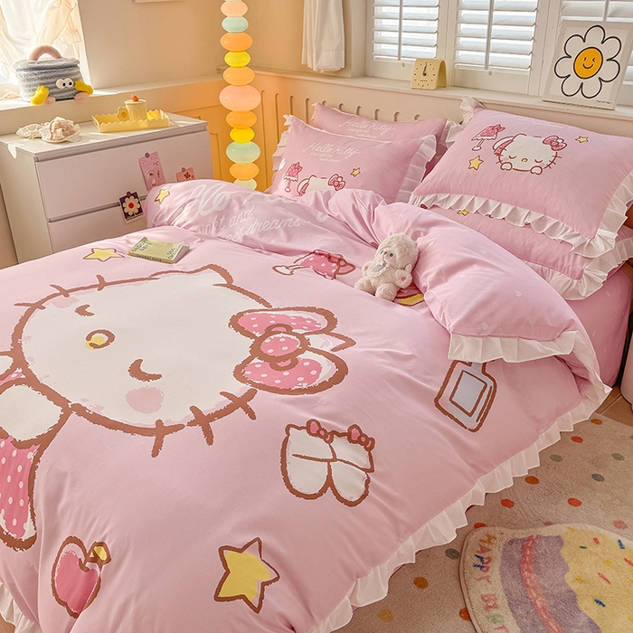 91家纺网 家纺一手货源 找家纺 玉元坊 2025新款三丽鸥全棉纯棉大版花边款床品三四件套第二批 （长期有货 不断货） 花边款-晚安凯蒂