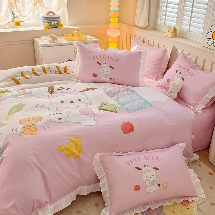 91家纺网 家纺一手货源 找家纺 玉元坊 2025新款三丽鸥全棉纯棉大版花边款床品三四件套第二批 （长期有货 不断货） 花边款-活力帕恰狗