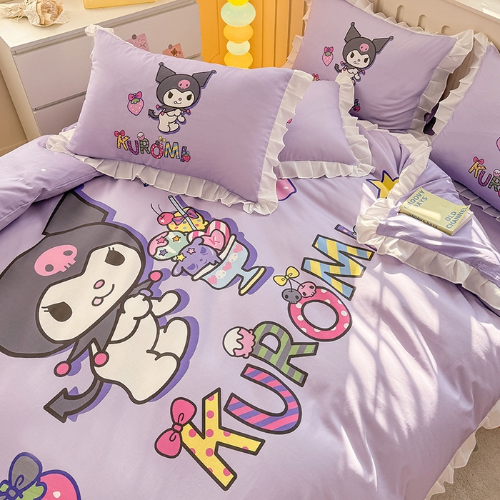 91家纺网 家纺一手货源 找家纺 玉元坊 2025新款三丽鸥全棉纯棉大版花边款床品三四件套第二批 （长期有货 不断货） 花边款-草莓库洛米