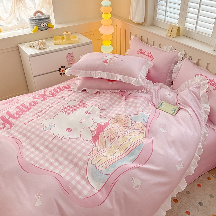 91家纺网 家纺一手货源 找家纺 玉元坊 2025新款三丽鸥全棉纯棉大版花边款床品三四件套第二批 （长期有货 不断货） 花边款-心动凯蒂