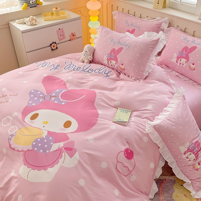 91家纺网 家纺一手货源 找家纺 玉元坊 2025新款三丽鸥全棉纯棉大版花边款床品三四件套第二批 （长期有货 不断货） 花边款-甜品美乐蒂