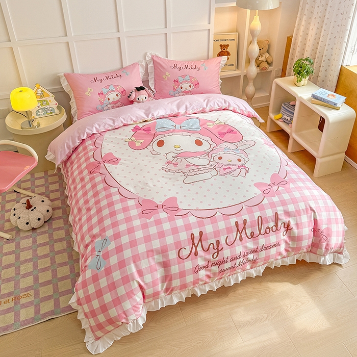 91家纺网 家纺一手货源 找家纺 玉元坊 2025新款三丽鸥全棉纯棉大版花边款床品三四件套第三批（长期有货 不断货） 大版花边-玩偶美乐蒂