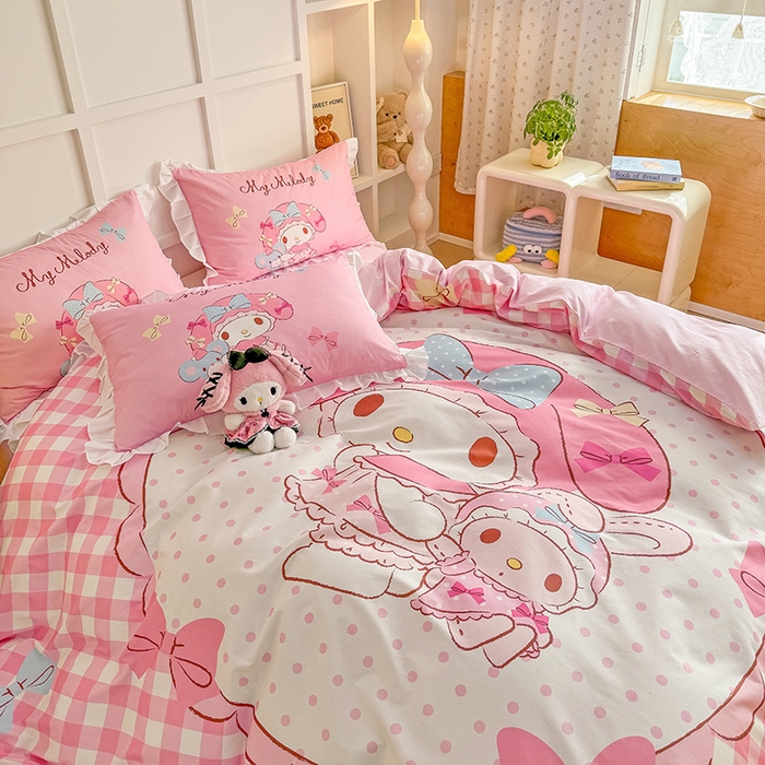 91家纺网 家纺一手货源 找家纺 玉元坊 2025新款三丽鸥全棉纯棉大版花边款床品三四件套第三批（长期有货 不断货） 大版花边-玩偶美乐蒂