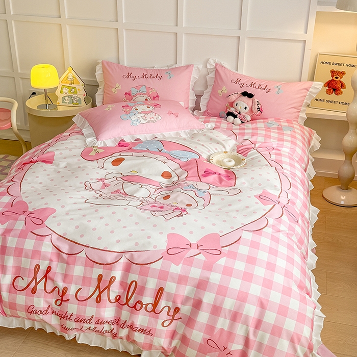 91家纺网 家纺一手货源 找家纺 玉元坊 2025新款三丽鸥全棉纯棉大版花边款床品三四件套第三批（长期有货 不断货） 大版花边-玩偶美乐蒂