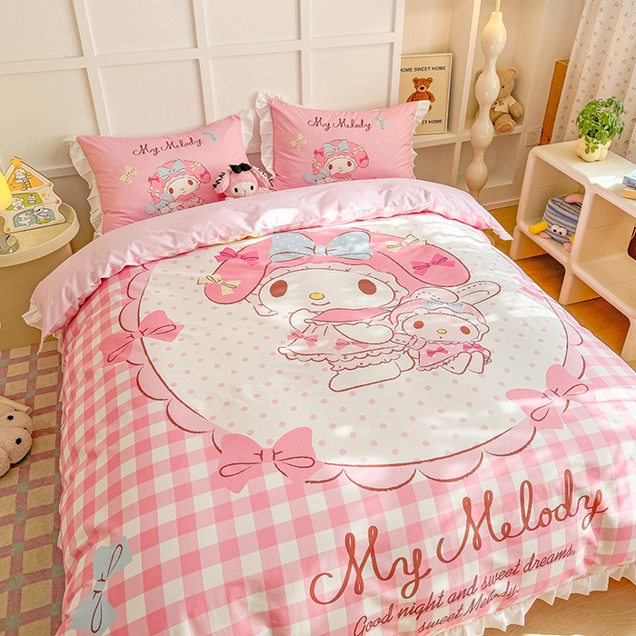 91家纺网 家纺一手货源 找家纺 玉元坊 2025新款三丽鸥全棉纯棉大版花边款床品三四件套第三批（长期有货 不断货） 大版花边-玩偶美乐蒂