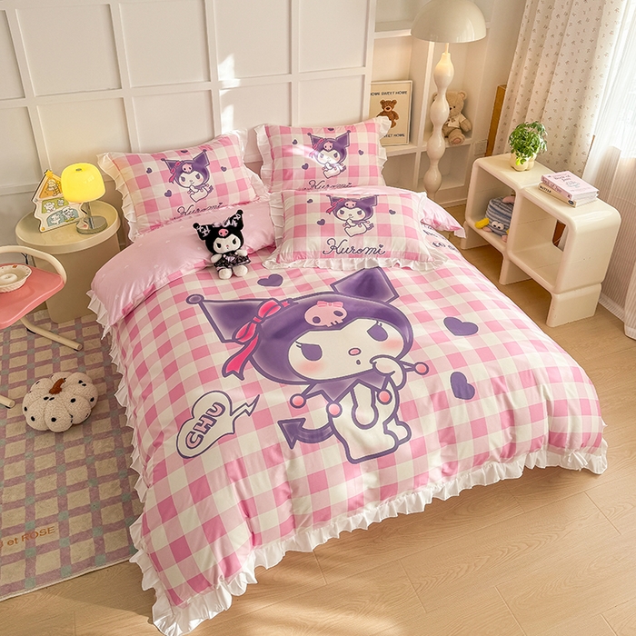 91家纺网 家纺一手货源 找家纺 玉元坊 2025新款三丽鸥全棉纯棉大版花边款床品三四件套第三批（长期有货 不断货） 大版花边-格子库洛米