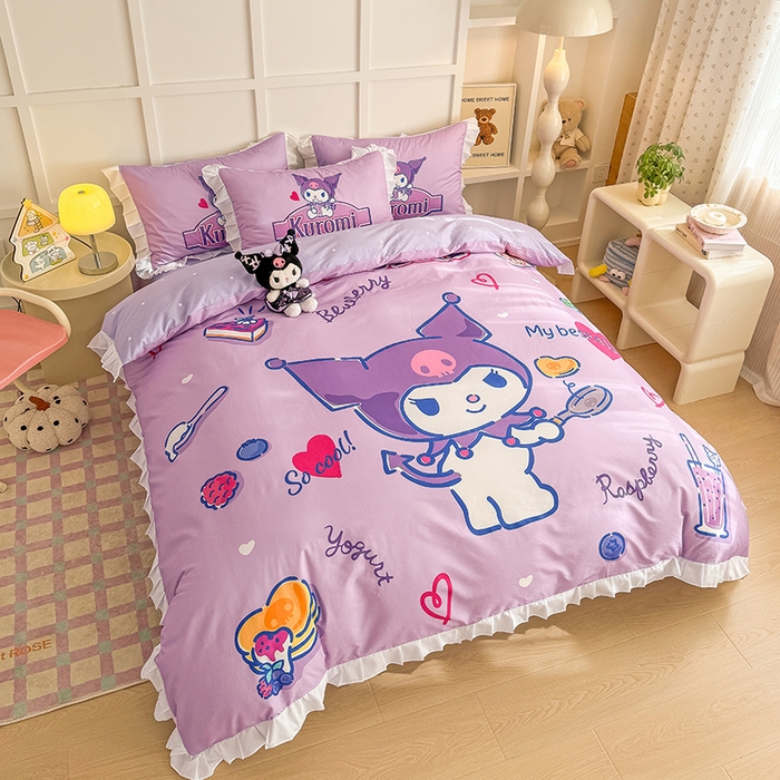 91家纺网 家纺一手货源 找家纺 玉元坊 2025新款三丽鸥全棉纯棉大版花边款床品三四件套第三批（长期有货 不断货） 大版花边-蓝莓库洛米