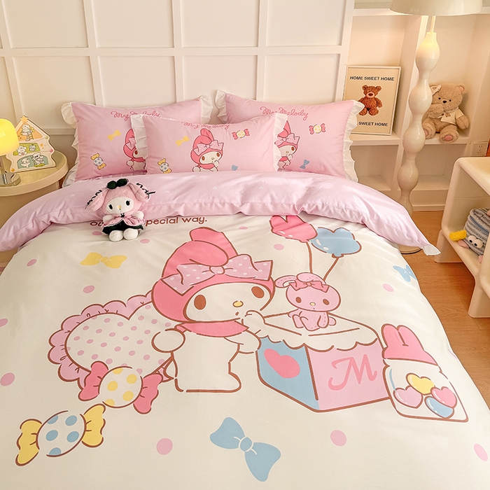 91家纺网 家纺一手货源 找家纺 玉元坊 2025新款三丽鸥全棉纯棉大版花边款床品三四件套第三批（长期有货 不断货） 大版花边-糖果美乐蒂