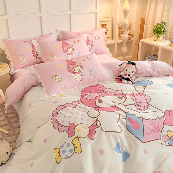 91家纺网 家纺一手货源 找家纺 玉元坊 2025新款三丽鸥全棉纯棉大版花边款床品三四件套第三批（长期有货 不断货） 大版花边-糖果美乐蒂