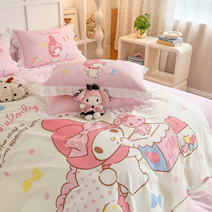 91家纺网 家纺一手货源 找家纺 玉元坊 2025新款三丽鸥全棉纯棉大版花边款床品三四件套第三批（长期有货 不断货） 大版花边-糖果美乐蒂