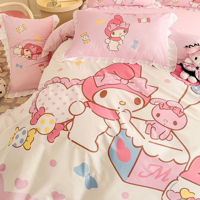 91家纺网 家纺一手货源 找家纺 玉元坊 2025新款三丽鸥全棉纯棉大版花边款床品三四件套第三批（长期有货 不断货） 大版花边-糖果美乐蒂