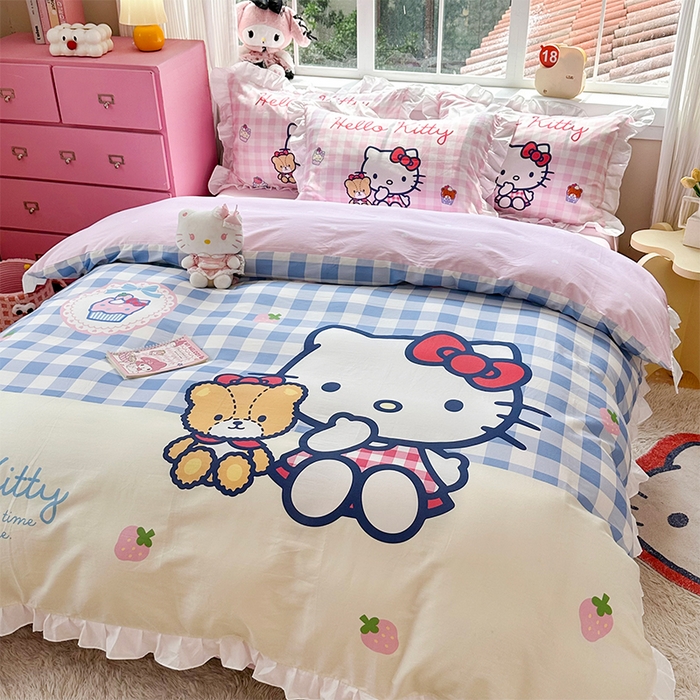 91家纺网 家纺一手货源 找家纺 玉元坊 2025新款三丽鸥全棉纯棉大版花边款床品三四件套第四批 （长期有货 不断货） 凯蒂猫和熊-白花边