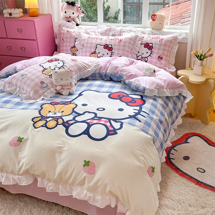 91家纺网 家纺一手货源 找家纺 玉元坊 2025新款三丽鸥全棉纯棉大版花边款床品三四件套第四批 （长期有货 不断货） 凯蒂猫和熊-白花边