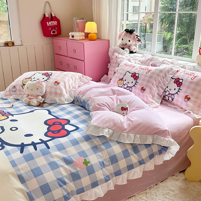 91家纺网 家纺一手货源 找家纺 玉元坊 2025新款三丽鸥全棉纯棉大版花边款床品三四件套第四批 （长期有货 不断货） 凯蒂猫和熊-白花边