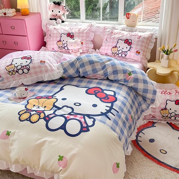 91家纺网 家纺一手货源 找家纺 玉元坊 2025新款三丽鸥全棉纯棉大版花边款床品三四件套第四批 （长期有货 不断货） 凯蒂猫和熊-白花边