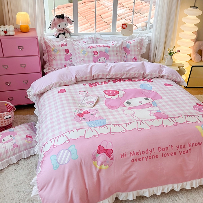 91家纺网 家纺一手货源 找家纺 玉元坊 2025新款三丽鸥全棉纯棉大版花边款床品三四件套第四批 （长期有货 不断货） 星黛美乐蒂-白花边