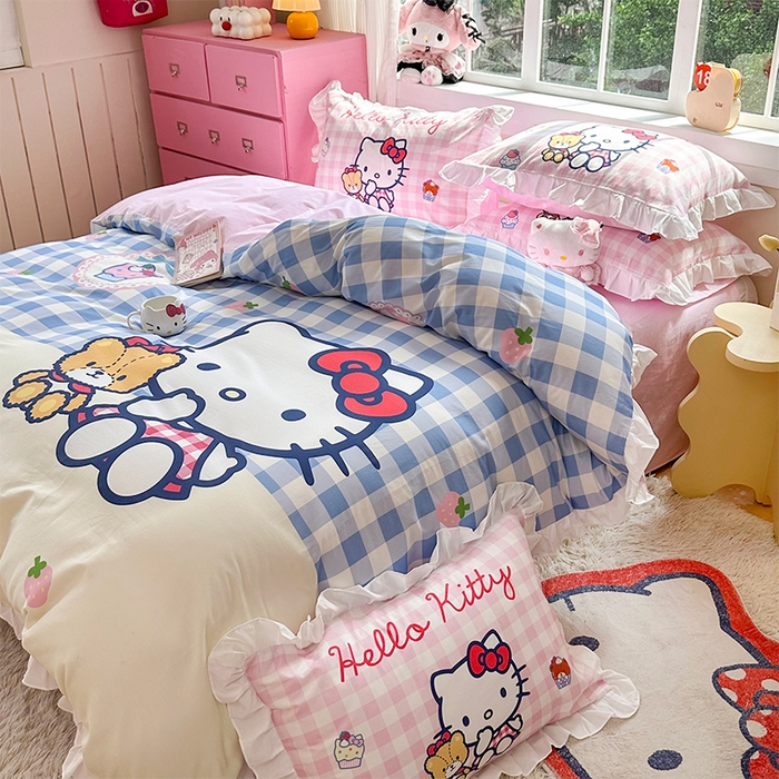 91家纺网 家纺一手货源 找家纺 玉元坊 2025新款三丽鸥全棉纯棉大版花边款床品三四件套第四批 （长期有货 不断货） 凯蒂猫和熊-白花边