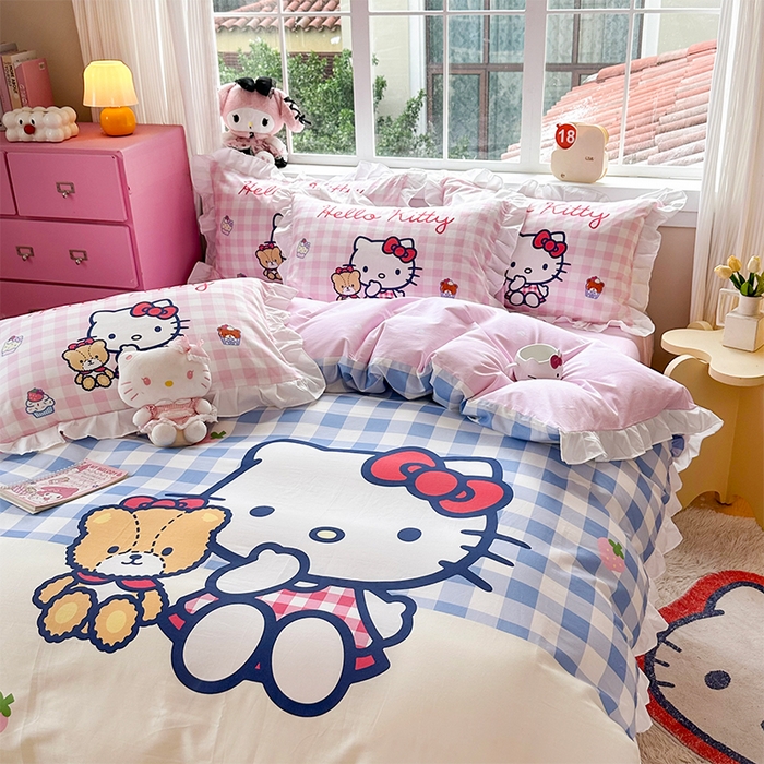 91家纺网 家纺一手货源 找家纺 玉元坊 2025新款三丽鸥全棉纯棉大版花边款床品三四件套第四批 （长期有货 不断货） 凯蒂猫和熊-白花边