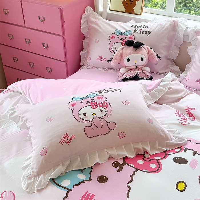 91家纺网 家纺一手货源 找家纺 玉元坊 2025新款三丽鸥全棉纯棉大版花边款床品三四件套第四批 （长期有货 不断货） 宝宝凯蒂猫-白花边