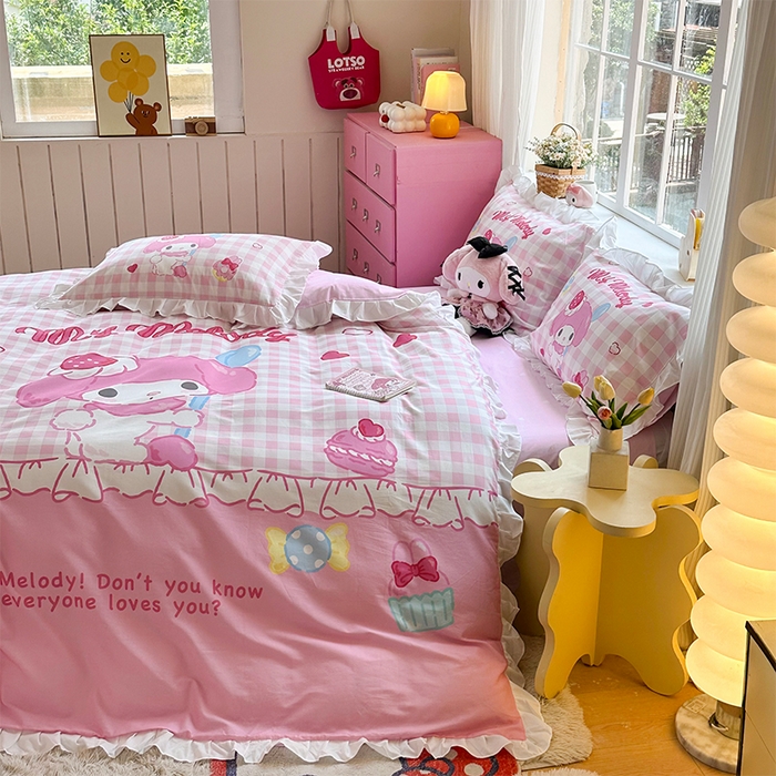 91家纺网 家纺一手货源 找家纺 玉元坊 2025新款三丽鸥全棉纯棉大版花边款床品三四件套第四批 （长期有货 不断货） 星黛美乐蒂-白花边