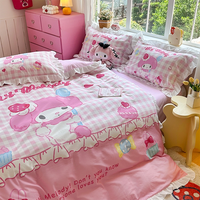 91家纺网 家纺一手货源 找家纺 玉元坊 2025新款三丽鸥全棉纯棉大版花边款床品三四件套第四批 （长期有货 不断货） 星黛美乐蒂-白花边