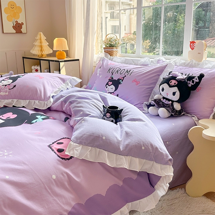 91家纺网 家纺一手货源 找家纺 玉元坊 2025新款三丽鸥全棉纯棉大版花边款床品三四件套第四批 （长期有货 不断货） 巴库库洛米-白花边