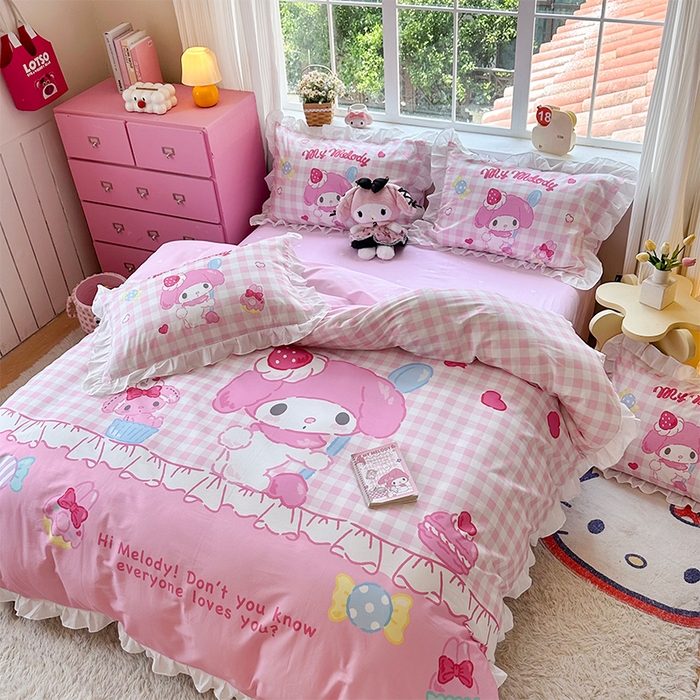 91家纺网 家纺一手货源 找家纺 玉元坊 2025新款三丽鸥全棉纯棉大版花边款床品三四件套第四批 （长期有货 不断货） 星黛美乐蒂-白花边