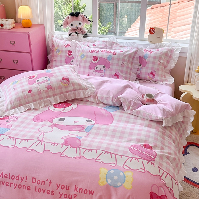 91家纺网 家纺一手货源 找家纺 玉元坊 2025新款三丽鸥全棉纯棉大版花边款床品三四件套第四批 （长期有货 不断货） 星黛美乐蒂-白花边