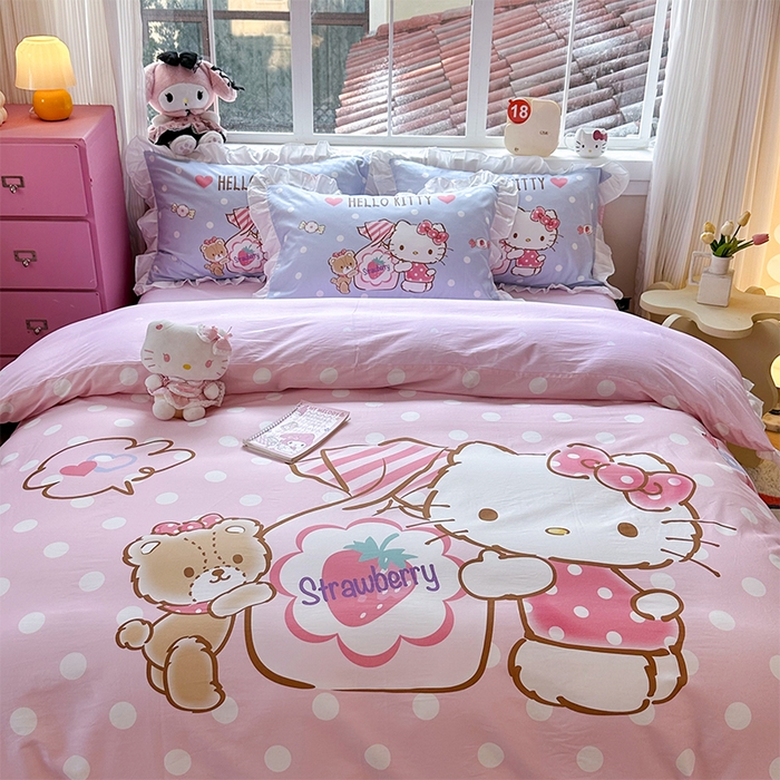 91家纺网 家纺一手货源 找家纺 玉元坊 2025新款三丽鸥全棉纯棉大版花边款床品三四件套第四批 （长期有货 不断货） 草莓糖果凯蒂猫-白花边