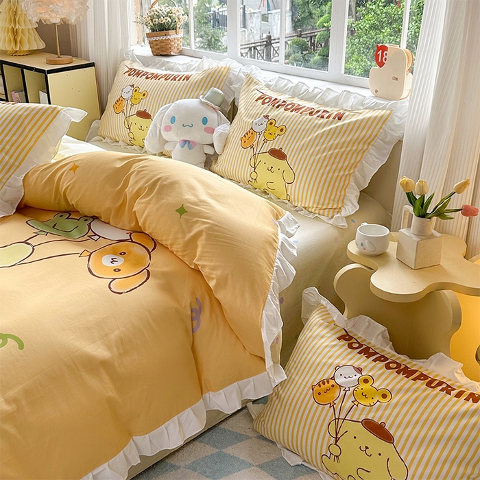 91家纺网 家纺一手货源 找家纺 玉元坊 2025新款三丽鸥全棉纯棉大版花边款床品三四件套第四批 （长期有货 不断货） 奶黄包布丁狗-白花边