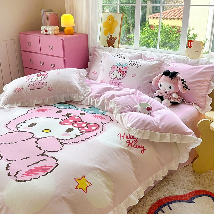 91家纺网 家纺一手货源 找家纺 玉元坊 2025新款三丽鸥全棉纯棉大版花边款床品三四件套第四批 （长期有货 不断货） 宝宝凯蒂猫-白花边