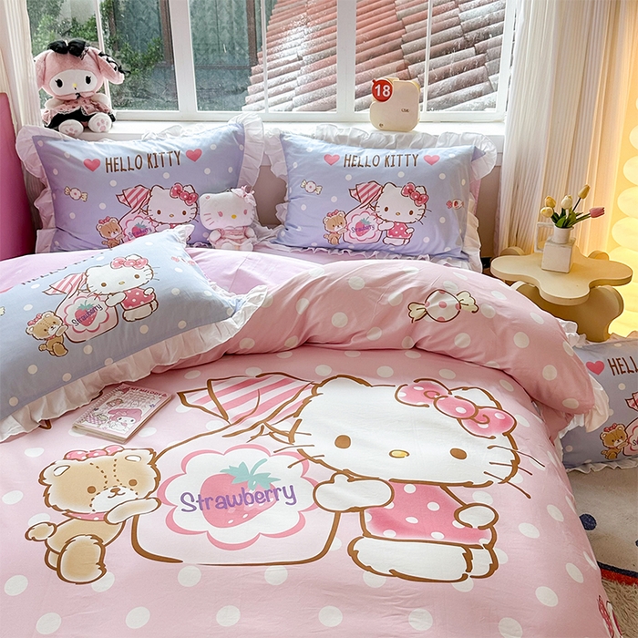 91家纺网 家纺一手货源 找家纺 玉元坊 2025新款三丽鸥全棉纯棉大版花边款床品三四件套第四批 （长期有货 不断货） 草莓糖果凯蒂猫-白花边