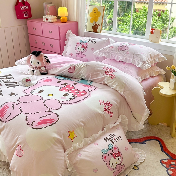 91家纺网 家纺一手货源 找家纺 玉元坊 2025新款三丽鸥全棉纯棉大版花边款床品三四件套第四批 （长期有货 不断货） 宝宝凯蒂猫-白花边