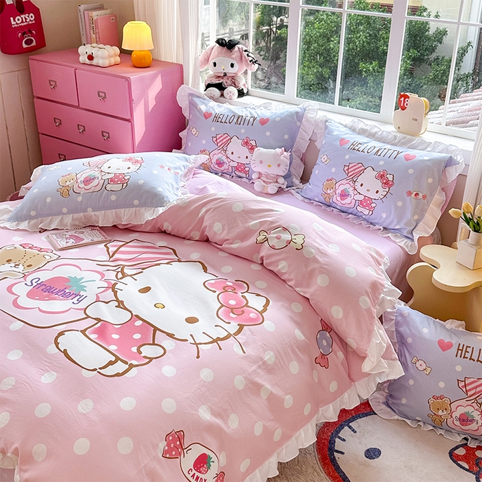 91家纺网 家纺一手货源 找家纺 玉元坊 2025新款三丽鸥全棉纯棉大版花边款床品三四件套第四批 （长期有货 不断货） 草莓糖果凯蒂猫-白花边