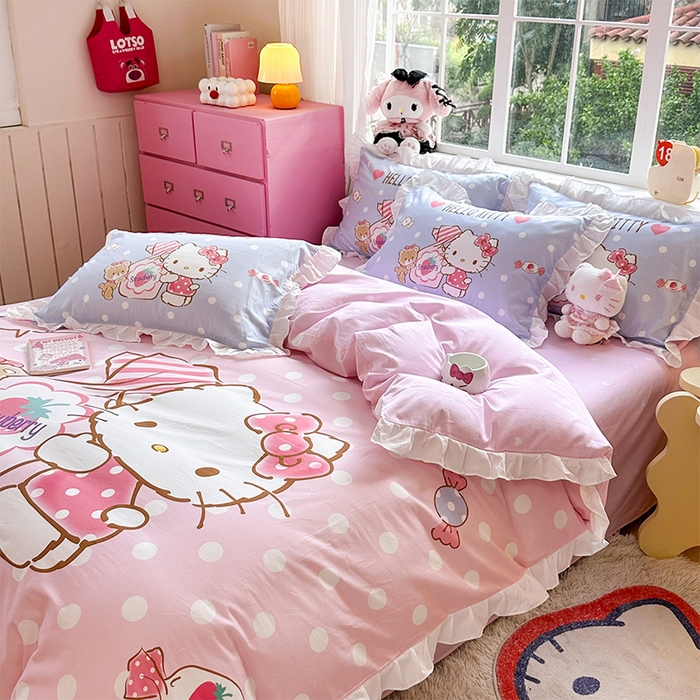 91家纺网 家纺一手货源 找家纺 玉元坊 2025新款三丽鸥全棉纯棉大版花边款床品三四件套第四批 （长期有货 不断货） 草莓糖果凯蒂猫-白花边