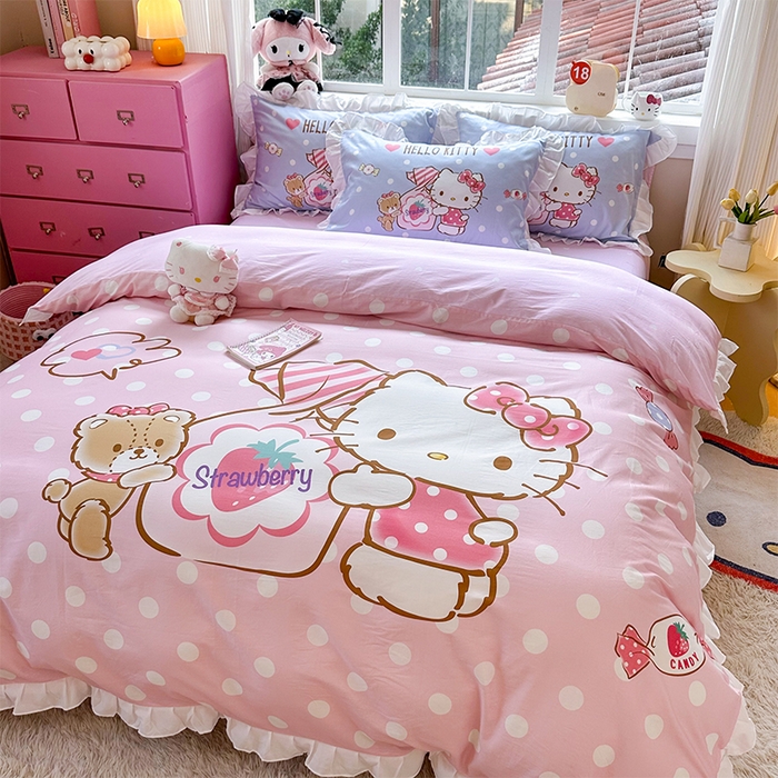 91家纺网 家纺一手货源 找家纺 玉元坊 2025新款三丽鸥全棉纯棉大版花边款床品三四件套第四批 （长期有货 不断货） 草莓糖果凯蒂猫-白花边