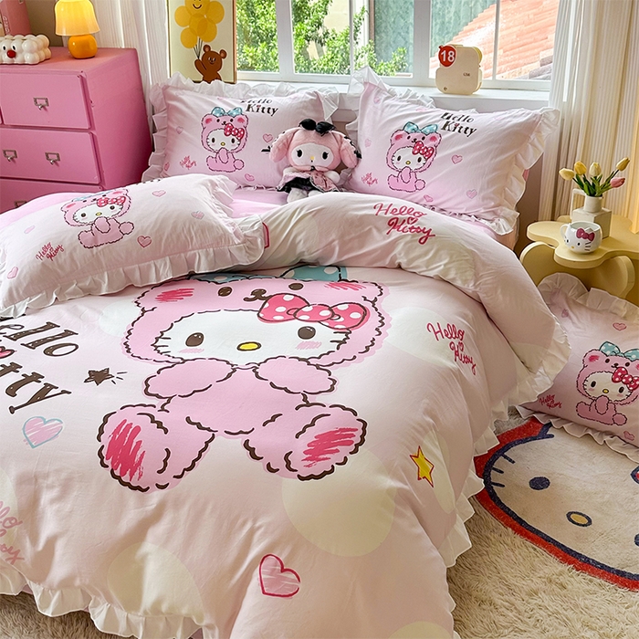 91家纺网 家纺一手货源 找家纺 玉元坊 2025新款三丽鸥全棉纯棉大版花边款床品三四件套第四批 （长期有货 不断货） 宝宝凯蒂猫-白花边