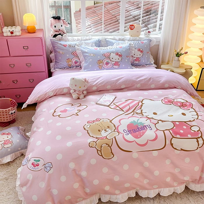 91家纺网 家纺一手货源 找家纺 玉元坊 2025新款三丽鸥全棉纯棉大版花边款床品三四件套第四批 （长期有货 不断货） 草莓糖果凯蒂猫-白花边