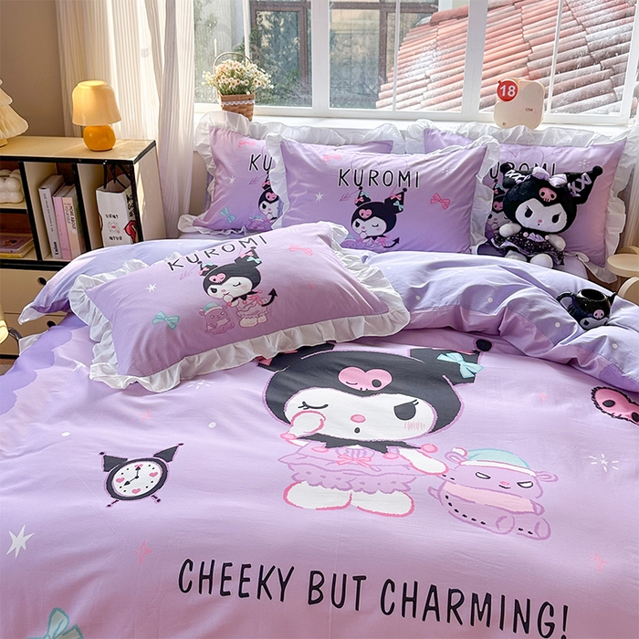 91家纺网 家纺一手货源 找家纺 玉元坊 2025新款三丽鸥全棉纯棉大版花边款床品三四件套第四批 （长期有货 不断货） 巴库库洛米-白花边