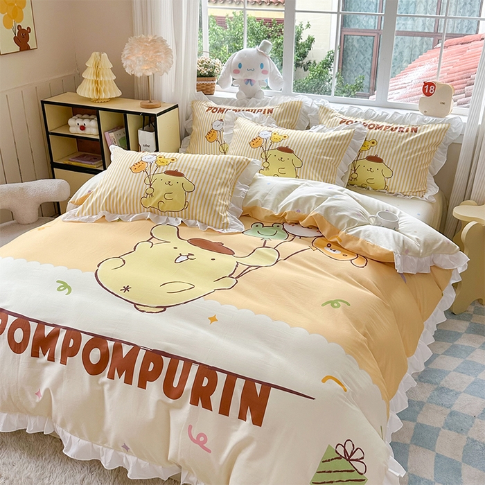 91家纺网 家纺一手货源 找家纺 玉元坊 2025新款三丽鸥全棉纯棉大版花边款床品三四件套第四批 （长期有货 不断货） 奶黄包布丁狗-白花边