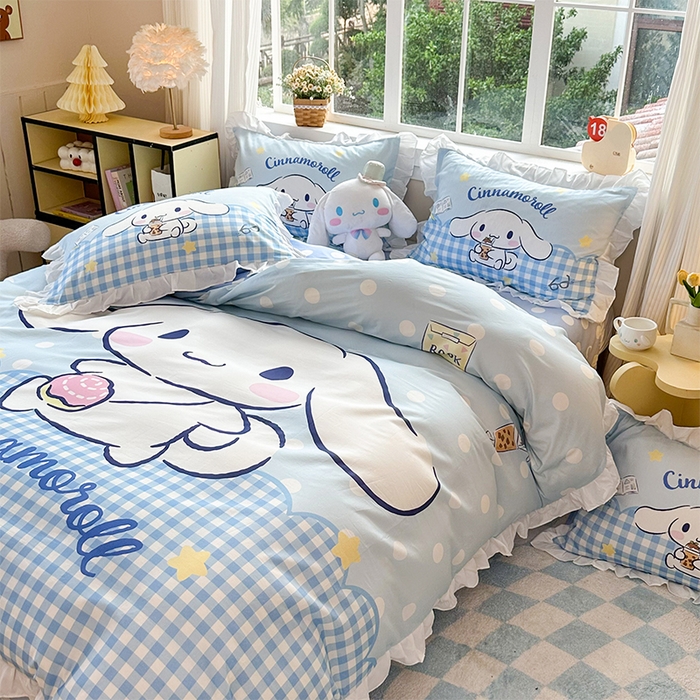 91家纺网 家纺一手货源 找家纺 玉元坊 2025新款三丽鸥全棉纯棉大版花边款床品三四件套第四批 （长期有货 不断货） 奶芙玉桂狗-白花边