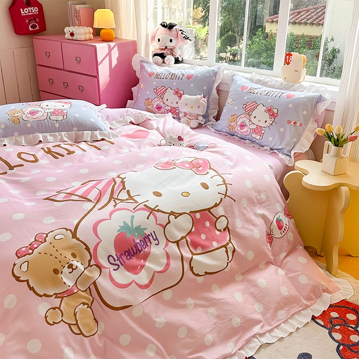 91家纺网 家纺一手货源 找家纺 玉元坊 2025新款三丽鸥全棉纯棉大版花边款床品三四件套第四批 （长期有货 不断货） 草莓糖果凯蒂猫-白花边