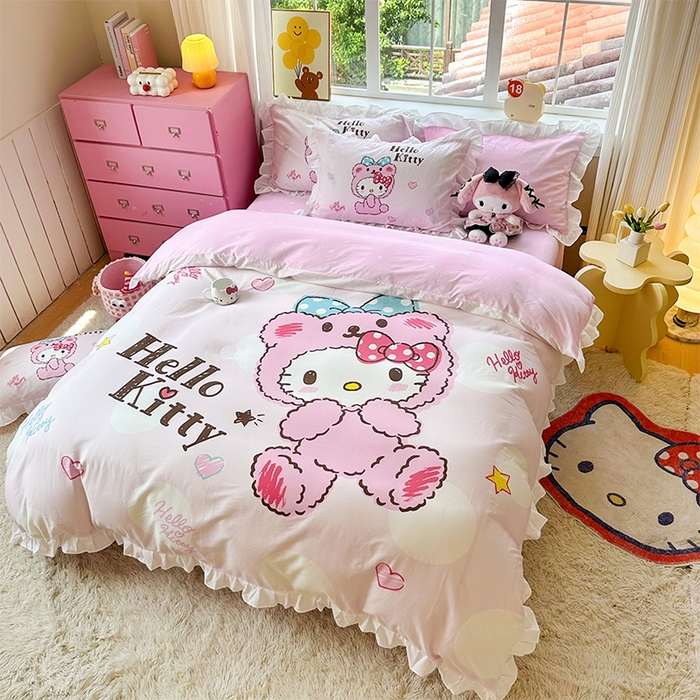 91家纺网 家纺一手货源 找家纺 玉元坊 2025新款三丽鸥全棉纯棉大版花边款床品三四件套第四批 （长期有货 不断货） 宝宝凯蒂猫-白花边