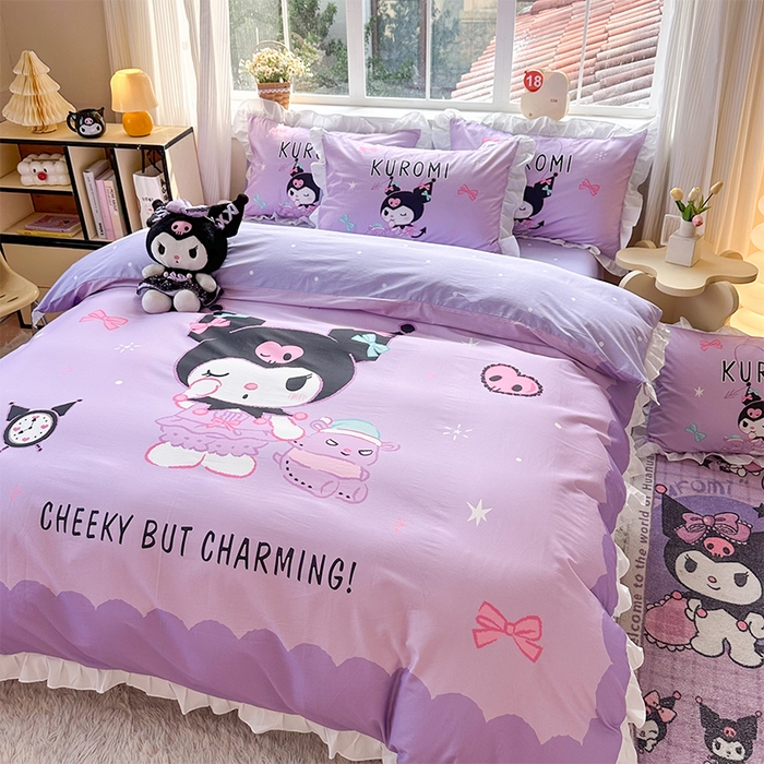 91家纺网 家纺一手货源 找家纺 玉元坊 2025新款三丽鸥全棉纯棉大版花边款床品三四件套第四批 （长期有货 不断货） 巴库库洛米-白花边