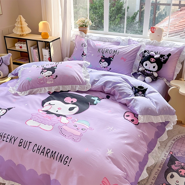 91家纺网 家纺一手货源 找家纺 玉元坊 2025新款三丽鸥全棉纯棉大版花边款床品三四件套第四批 （长期有货 不断货） 巴库库洛米-白花边