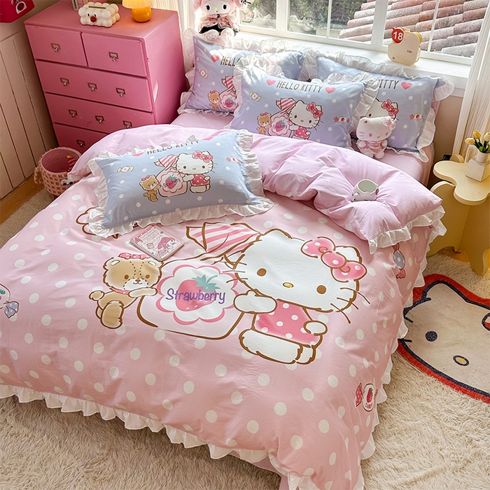 91家纺网 家纺一手货源 找家纺 玉元坊 2025新款三丽鸥全棉纯棉大版花边款床品三四件套第四批 （长期有货 不断货） 草莓糖果凯蒂猫-白花边