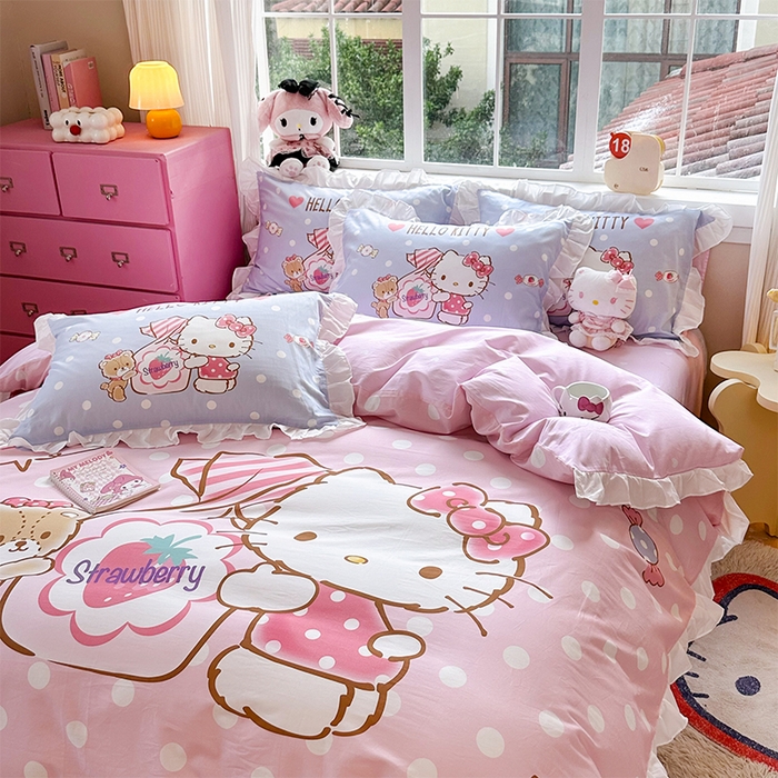 91家纺网 家纺一手货源 找家纺 玉元坊 2025新款三丽鸥全棉纯棉大版花边款床品三四件套第四批 （长期有货 不断货） 草莓糖果凯蒂猫-白花边